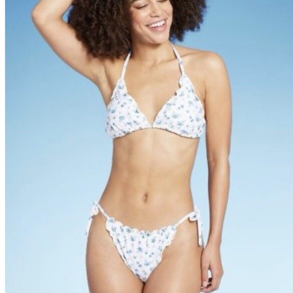 Wild Fable Floral Bikini Bottoms White Blue Print Size Large NWT - Picture 1 of 7